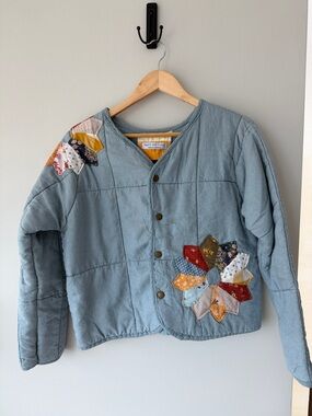 Vintage Handmade Quilted Light Blue Patchwork Jacket with Flower Appliqués